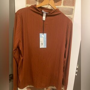Ava & Viv Mock Neck Ribbed Light Blouse Burnt Orange/ Rust